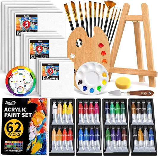 ARTALLY Acrylic Paint Set for Adults & Kids, 62 Pcs Canvas Painting Kits, 32 Colors Acrylic Paint (22ML),Table Easel,Brushes,Canvas, Art Painting Supplies Kit for Students,Artists,Beginners
