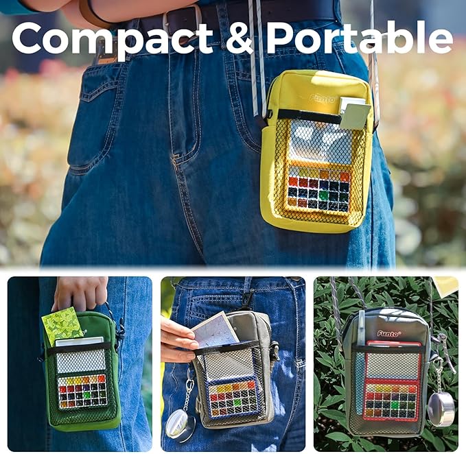 Funto Mini Watercolor Paint Set, All-In-One 24-Color Travel Paint Kit, with Crossbody Bag, Watercolor Journal, Paint Water Cup, Pocket Set for Artists