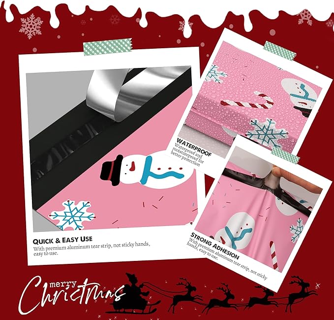 Christmas Poly Mailer 12x15.5 Inch 50 Pcs, Waterproof Shipping Bags for Clothing, Tear-Resistant Mailier, Strong Mailing With Self-Seal - Snowmen Printed