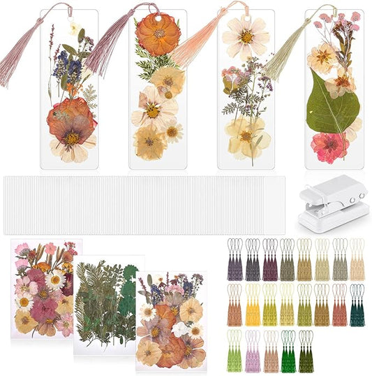 150 Pcs DIY Pressed Dried Flower Bookmark Making Kit, DIY Bookmark Bulk Thanksgiving Teacher Gifts for Reading Women Book Lovers(2 x 6 Inch,Retro Color)