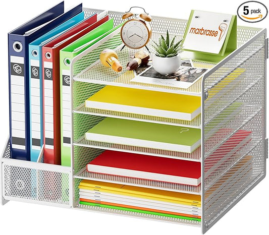 Marbrasse Desk Organizer with File Holder, 5-Tier Paper Letter Tray, Mesh Desk Organizers and Accessories with Magazine Holder, Desktop Organizer and Storage for Office Supplies (White)