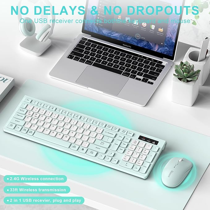Silent Keyboard and Mouse Combo Wireless,ful-Sized Wireless Keyboard and Adjustable DPI Mouse, 2.4GHz USB Receiver, Keyboard and Mouse for PC, Windows, MAC, Desktop, Laptop (Mint Green-B)