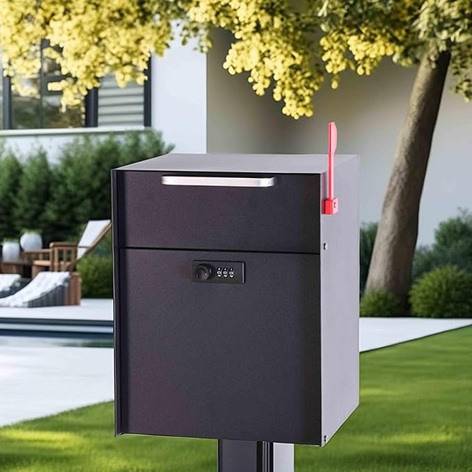 Post Mount Locking Mailbox with Code Lock - Large Capacity Security Password Metal Lock Mailbox - Waterproof Vertical Drop Mail Box Outdoor