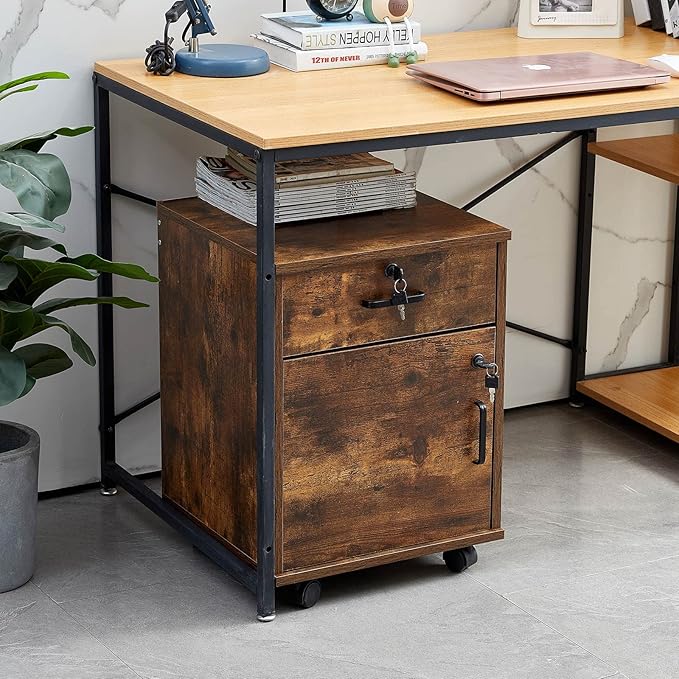 CLIPOP Rolling Storage Cabinet with Drawer, Home Office Cabinet with Lock, Under Desk Storage Cabinet for Office (Rustic Brown)