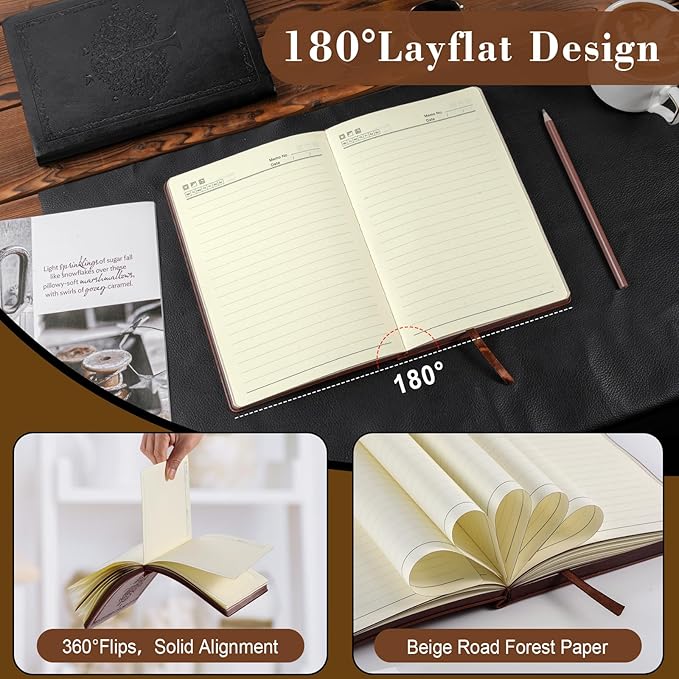 Leather Journal Notebook,300 Pages Hope Tree Softcover Lined Notebook for Women Men,300 Travel,Business,Work,Office,School Note Taking,5.7'' X 8.3''(black)