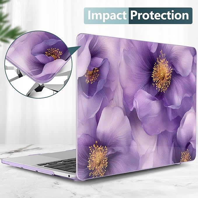 TWOLSKOO Compatible with MacBook Pro 13 inch Case 2023-2016 A2338 M2/M1 A2251 A2289 A2159 A1989 A1706, Plastic Hard Shell Cover & Keyboard Skin & Screen Protector, Purple Flowers