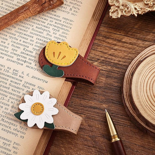 2PCS Vintage Magnetic Leather Bookmark, Leather Magnetic Bookmarks for Women, Magnetic PU Bookmarks Clip Book Accessories, Daisy & Tulip