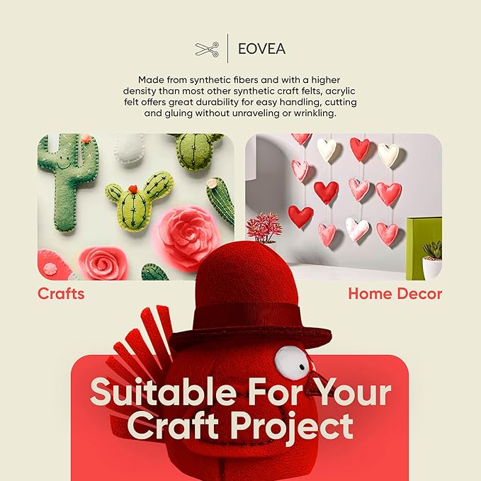 EOVEA | Acrylic Felt Fabric by The Yard - Non-Stiff, Soft Material - 72" Wide - 1.6mm Thick Felt Sheets for DIY Crafts, Sewing, Upholstery, Cushion, Padding(White, 1 Yard)