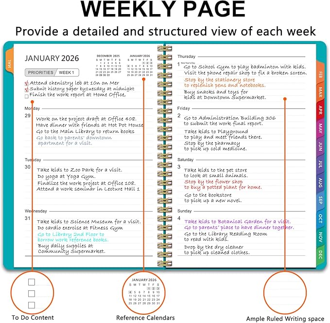 2026 Planner Weekly and Monthly, 2026 Academic Year (January 2026 - December 2026) Calendar wirh Tabs, Agenda Book for School Student, Teachers, Office Supplies,Home, 6" x 8.5" (Green JAN2026-DEC2026)