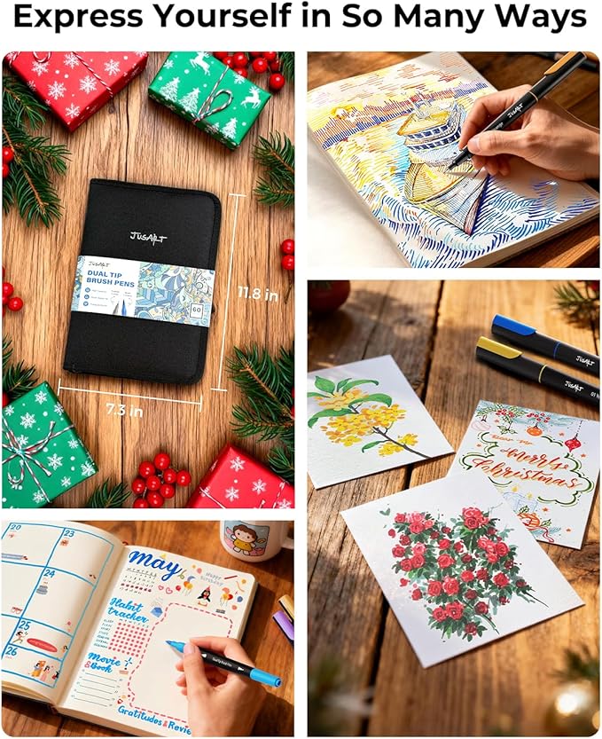 JusArt Markers for Adult Coloring Books No Bleeding, Coloring Markers with Dual Tips, Fine & Brush Pens with Ergonomic Triangle Grip & 33% More Ink, Water-Based Art Drawing Set for Adults, 60 Colors