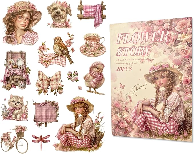 TIAMECH Stories Among Flowers Sticker Book - Girls Travel Series, 20 Sheets PET & Washi Stickers for Scrapbooking, Ephemera, Waterproof Junk Journaling Supplies & DIY Crafts (Size 10.5 x 7.1in)