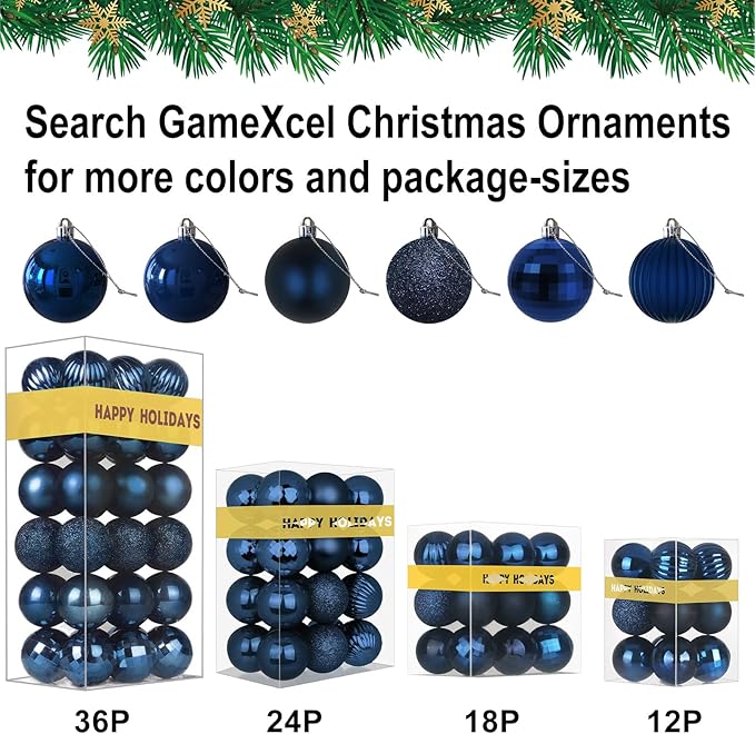 Navy Blue 2.5" Christmas Balls Christmas Tree Decoration Ornaments Shatterproof Hanging Balls for Birthday Halloween Holiday Wedding Decorations Set of 24pcs