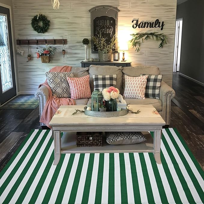 CAINANEL Christmas Outdoor mat 4' x 6' Green and White Striped Outdoor Rug Front Porch Rug,Christmas Home Decor, Layerd Welcome Doormat for Front Porch Decor, Front Door, Farmhouse Decor