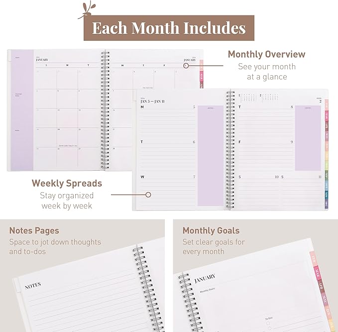 Rileys 2026 Planner, Agenda Planner With Weekly And Monthly View, Daily Agenda Book And Yearly Planners Calendar Book, Spiral Bound With Tabs, Notes, Goals And Holidays (Lilac, 8.5 x 11 in)