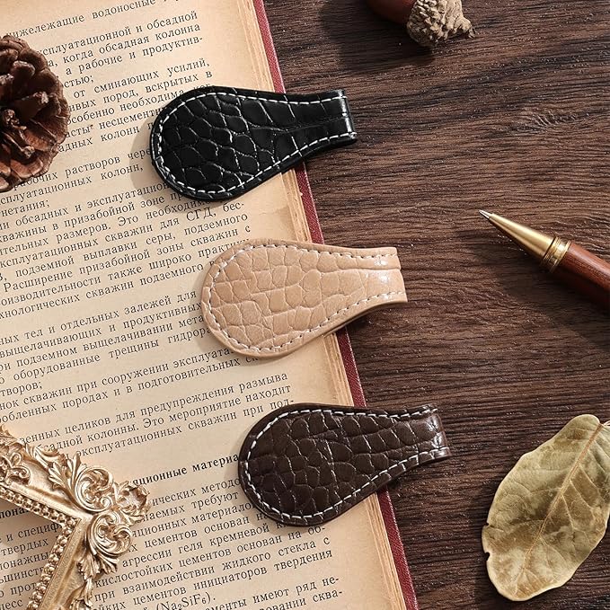 3PCS Vintage Magnetic Leather Bookmark, Leather Magnetic Bookmarks for Women, Magnetic PU Bookmarks Clip Book Accessories, Lychee Pattern