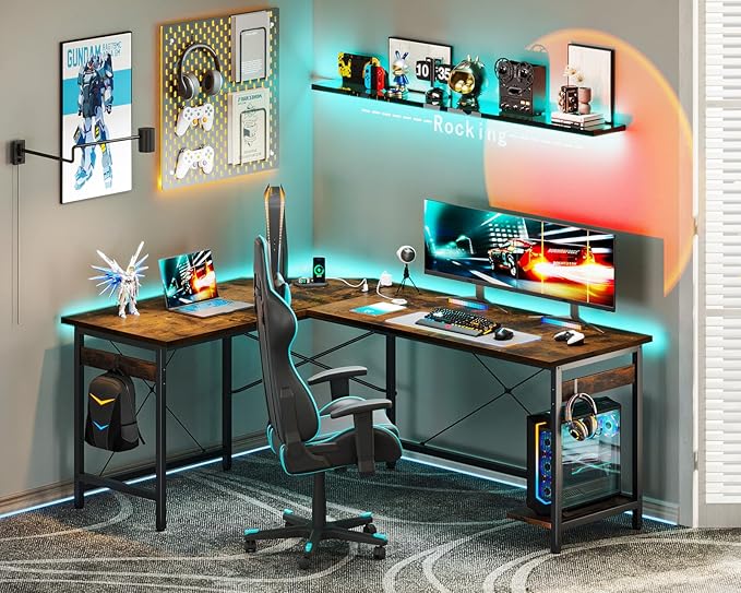 Coleshome 59" L Shaped Gaming Desk with Outlet, L Shaped Desk with CPU Stand, Corner Computer Desk, Home Office Desk, Writing Desk, Vintage