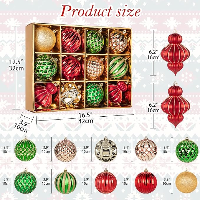 4" Christmas Ball Ornaments Set 12PCS Large Shatterproof Plastic Ornaments Christmas Tree Ball Hanging Ornaments for Xmas Tree Wedding Party Holiday Decorations - Red, Green, Gold