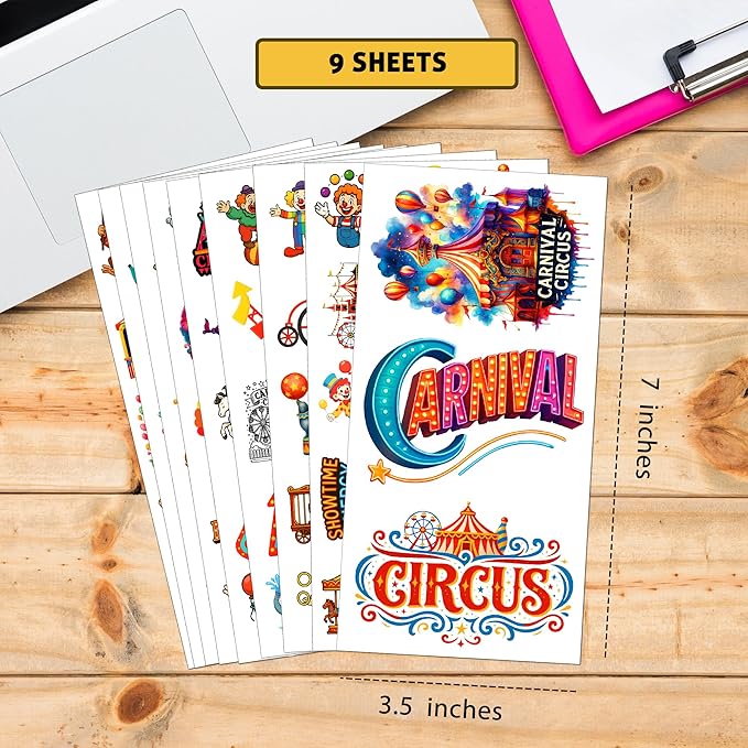 100 PCS Carnival Circus Stickers Pack, Vinyl Waterproof Decals of Clowns Popcorn Ferris Wheel Elephants, Fun Gift for Kids Teens Boys Girls Birthday Laptop Bottle Scrapbook