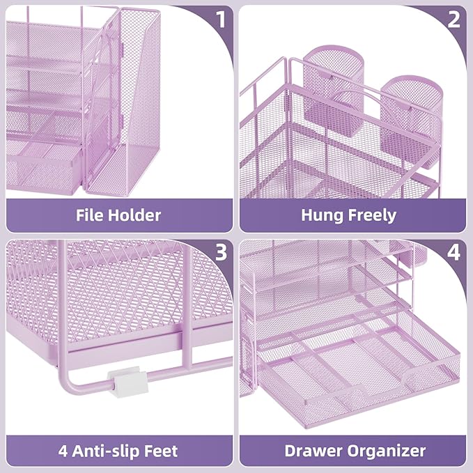 Marbrasse Desk Organizer and Accessories，4-Tier Paper Letter Tray Organizer with File Holder, Workspace Desk Organizers Accessories with Drawer and 2 Pen Holder (Purple, 15.4" x 9.1" x 8.3")