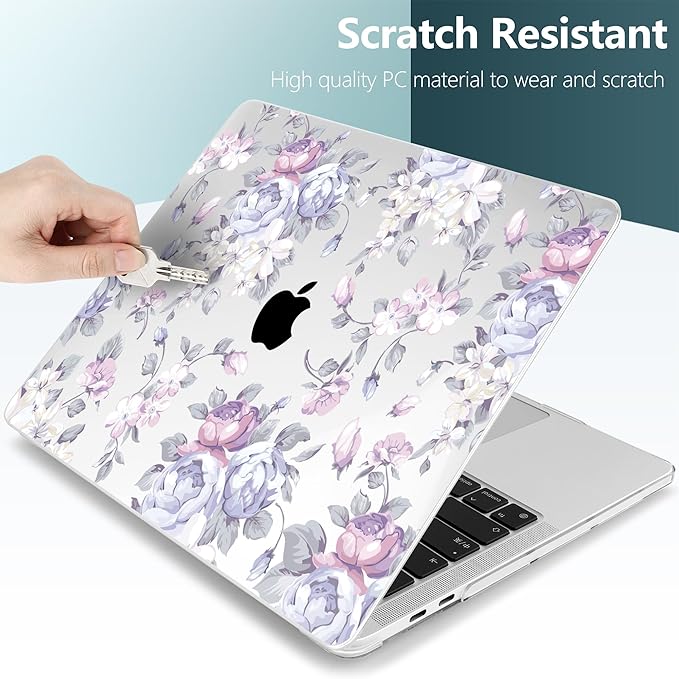 TWOLSKOO Compatible with MacBook Pro 13 inch Case 2023-2016 A2338 M2/M1 A2251 A2289 A2159 A1989 A1706, Plastic Hard Shell Cover & Keyboard Skin & Screen Protector, Purple Peony