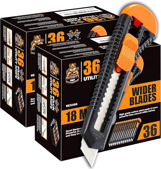 REXBETI Utility Knife, Retractable Box Cutter for Cartons, Cardboard and Boxes, 18mm Wider Razor Sharp Blade, Smooth Mechanism, Perfect for Office and Home use (72 Pack)