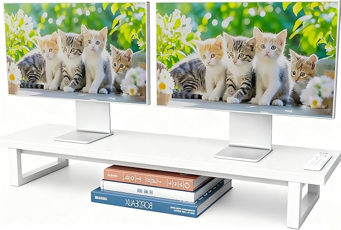 Simple Trending Dual Monitor Stand Riser with 2 USB Charging Ports, Wood Computer Desk Organizer for 2 Monitors, Extra Long TV Stand for Laptop Office, iMac, White
