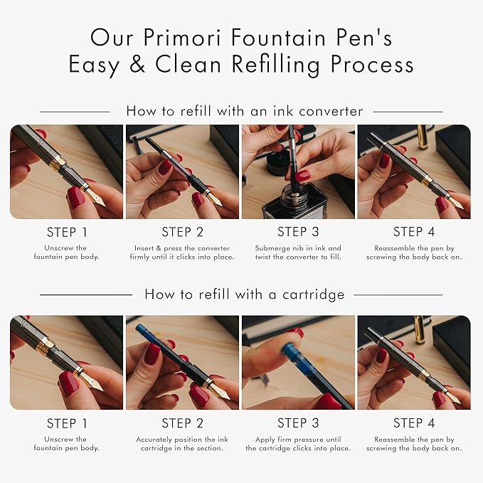 Wordsworth & Black Primori Fountain Pen Set [Gunmetal Gold]; Extra Fine Nib, Gift Case, 24 Ink Cartridges, Refill Converter, Manual; Journaling, Calligraphy, Smooth Writing Pens; Left and Right Handed