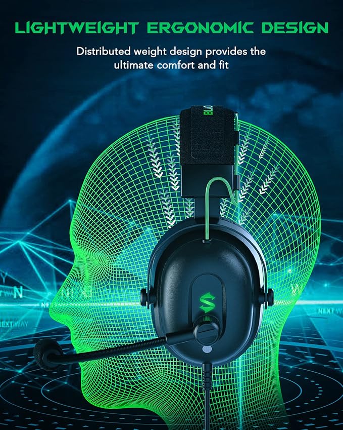 Black Shark Gaming Headset with Noise Canceling Cardioid Mic, Over-Ear Headphones for PC, PS4, PS5, Xbox, Switch, 50mm Dynamic Drivers & LED Light