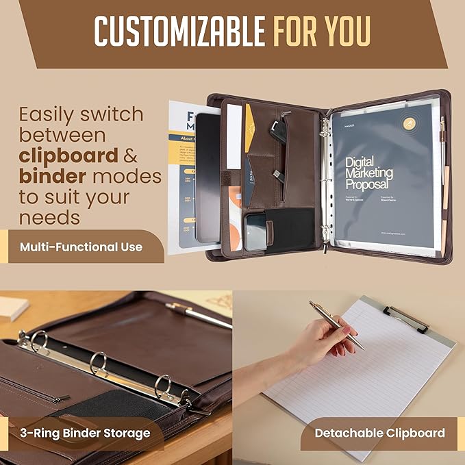 STYLIO Zipper Portfolio | Padfolio 3 Ring Binder and Clipboard Folio (Removable) | Portfolio Organizer for Documents, Tablet, Phone |Faux Leather Binder for Men and Women | Walnut (Brown) Color