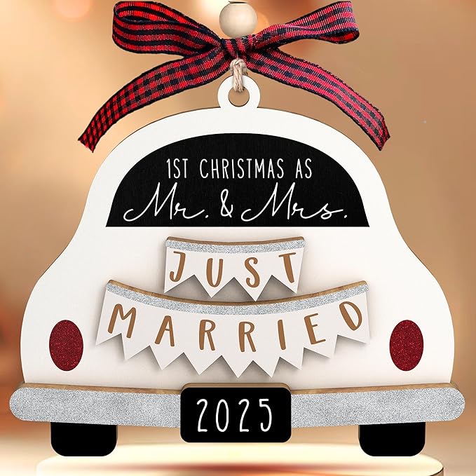 Wedding Gifts - Mr and Mrs Gifts - Wedding Gift for Couples 2025, Bride, Future Mr and Mrs - First Christmas Married Ornament 2025 - Bridal Shower Gift for Married Newlywed - Wood Ornament