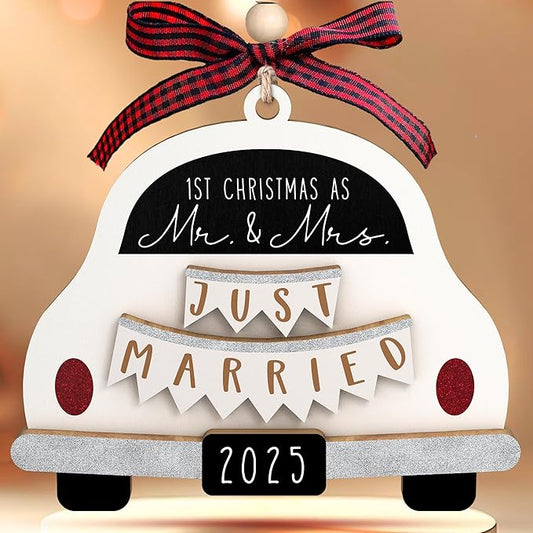 Wedding Gifts - Mr and Mrs Gifts - Wedding Gift for Couples 2025, Bride, Future Mr and Mrs - First Christmas Married Ornament 2025 - Bridal Shower Gift for Married Newlywed - Wood Ornament