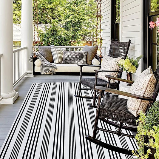 Black and White Striped Outdoor Rug 4' x 6' Front Porch Rug Machine Washable Front Door Mat Indoor/Outdoor Area Rugs Floor Mat for Farmhouse/Front Porch/Entryway/Laundry Room