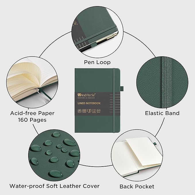 A5 Lined Leather Journal and Pen Set, Hardcover Notebook with Pen, 160 Pages 100gsm Thick Ruled Paper for Men Women, for Work, Business, School or Home Writing, 5.7'' x 8'' (Green-Set1)