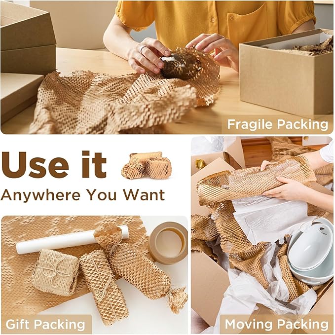 Honeycomb Packing Paper, 12"x200' Brown | Perforated Honeycomb Packing Paper Recyclable Moving Supplies for Shipping & Moving | Plastic-Free Alternative to Bubble Cushion Wrap with 36 Fragile Stickers