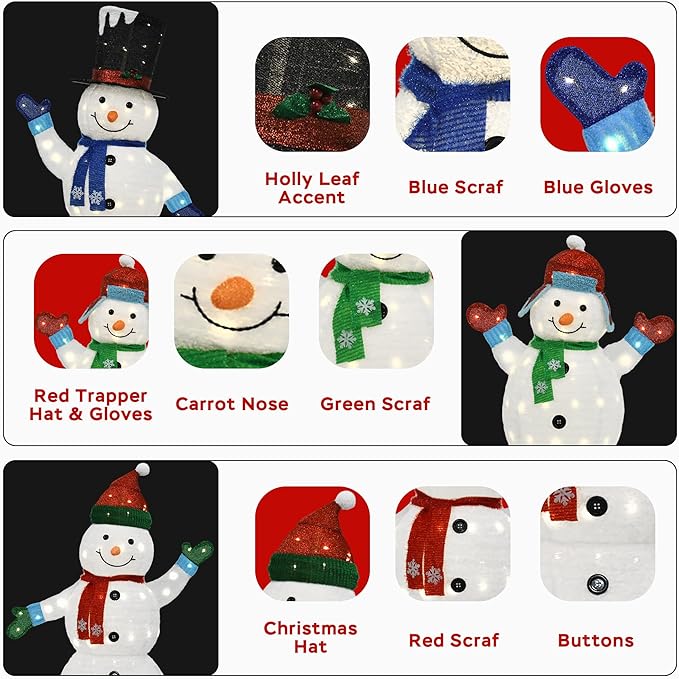 62"/60"/35" Large 3D Pop-Up Snowman Set, Lighted Snowman Family Outdoor Christmas Decor with 250 Warm White LEDs, Ground Stakes, Holiday Lawn Yard Garden Decorations, Set of 3