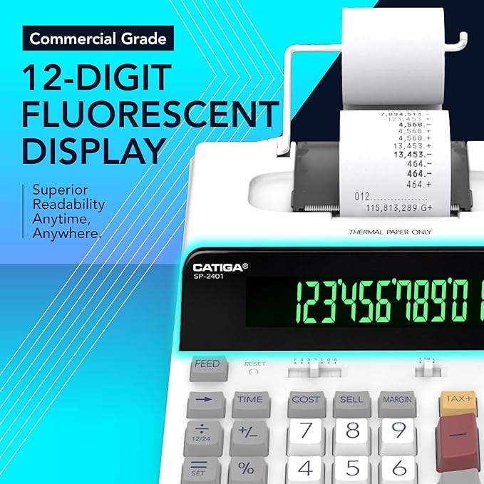 CATIGA 12 Digit Thermal Printing Calculator with Tape Print Out, Ink-Free Adding Machine, 5X Faster Quite at 8.0 LPS, Extra Large Fluorescent Display, Tax Calculation with Clock and Calendar, SP-2401