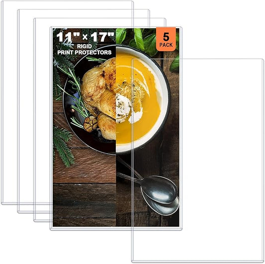 Ndsox 5 Pack 11" x 17" Rigid Print Protectors - Heavy Duty Hard Plastic Sheet Page Protectors - Crystal-Clear Menu Holders - Top Loading Art Prints Sleeves for Documents Magazines Posters Photographs