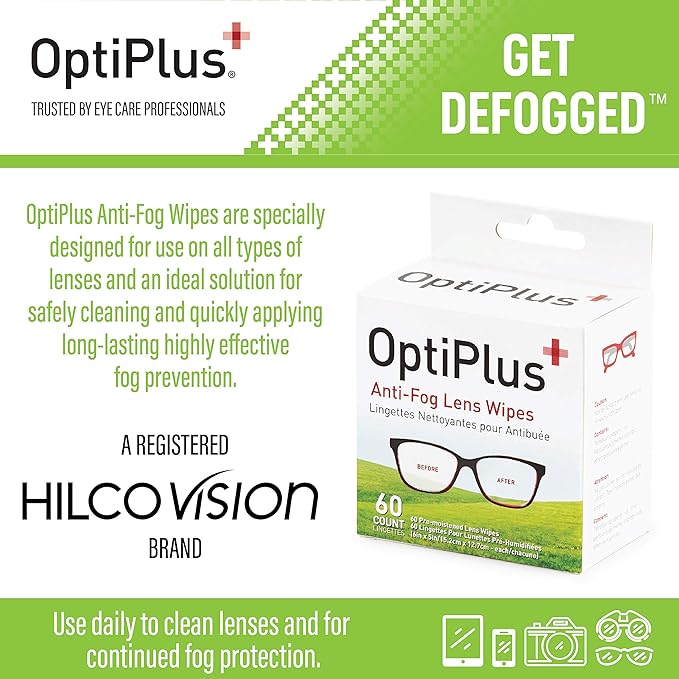 OptiPlus Anti Fog Lens Wipes l Pre-Moistened l Cleaning Wipes for Glasses, Laptops Screens, Smart Phones, Optical Lens, Goggles, Watch Screen and More l Defogging, Quick-Dry & Scratch-Free l 60 Count
