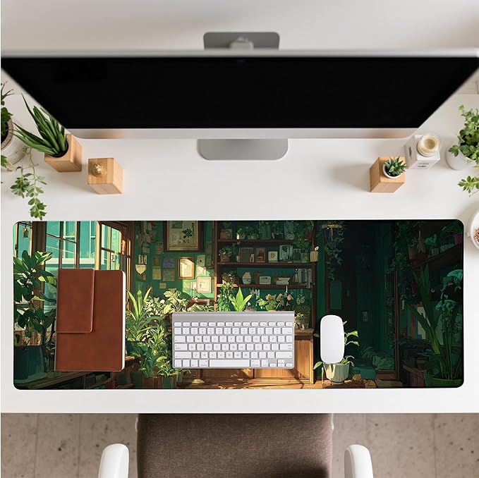 Green Plant Mouse Pad Desk Mat XL Extended Large Gaming Desk Pad Mousepad, Fresh Leaves Bookshelf Computer Laptop Keyboard and Mouse Mat, Desktop Protector Mat for Office and Home 31.5x11.8 in