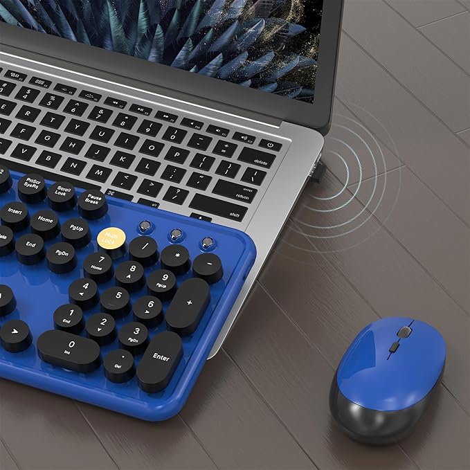 Colorful Wireless Computer Keyboard and Mouse Combo with Round Typewriter Keycaps, Retro Design, Power Switch, Ergonomic Design, 2.4GHz Wireless for Windows, Mac, PC(Black-Blue)