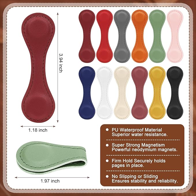 Magnetic Leather Bookmark, 12 Pcs Colorful Leather Magnet Book Marks Page Markers Retro Magnet Bookmark Clips Reading Supplies Gift for Reading Men Women Book Lovers (Vintage)