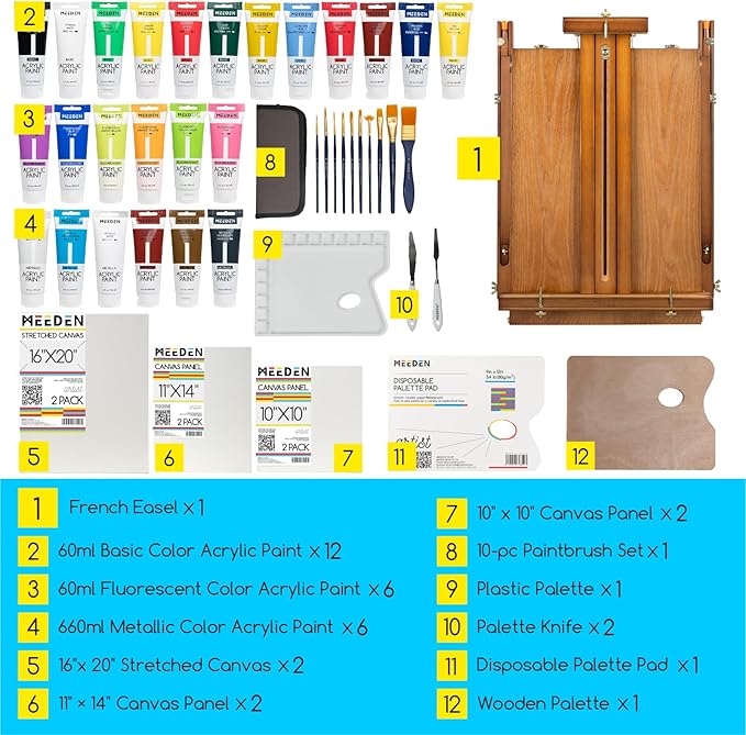 MEEDEN Painting Kit with French Easel, 24 Colors Acrylic Paint Set, 10 Pcs Paint Brush Set, Canvas Set & Art Supplies, Great Painting Set for Beginners & Artists