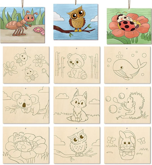 COCHIE 10 Pieces Large Cute Animals Unfinished Wood Crafts to Paint for Kids Adults, Bulk Predrilled Wooden Ornaments for Painting, Animal Paintable Wood Slices Craft Supplies with Ropes