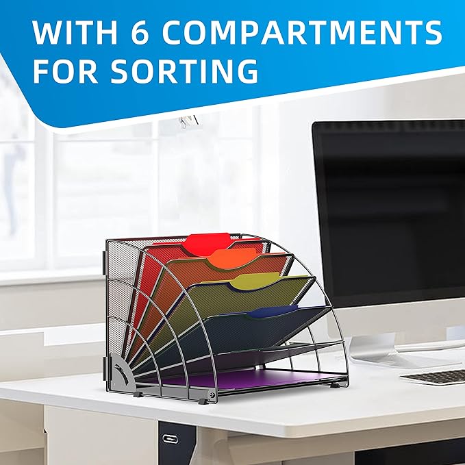 SUPEASY Fan Shaped Desk File Organizer, 6 Compartments for Filing Paper Bills, Letters, Desk Accessories for Workspace, School, Office, Waiting Room, Classroom Storage, Black