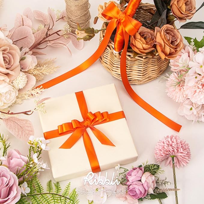Ribbli Torrid Orange Satin Ribbon 5/8 inch x Continuous 25 Yards,Double Faced Satin Use for Craft, Gift Wrapping, Christmas Ornaments, Hair Bows, Bouquet Bows