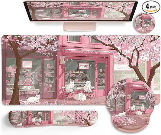 Anime Cat Mouse Pad Set, XXL Gaming Mouse Pad with Wrist Rest, Keyboard Mat, Cat Coaster, Cute Office Desk Decor Accessories, Pink Lycra