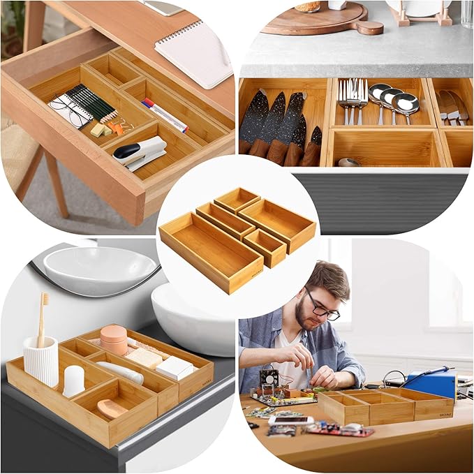 Secura Kitchen Drawer Utensil Organizer Box Set 𝟱 𝗣𝗮𝗰𝗸, Bamboo Utensil Holder Cutlery Makeup Silverware Jewelry Flatware Organization Tray for Kitchen, Bathroom, Office and Living Room