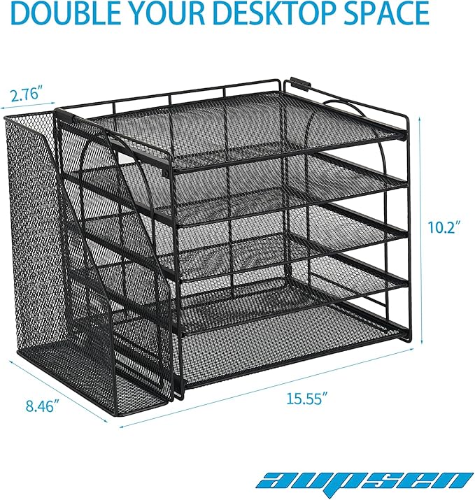 AUPSEN Desk Organizers and Accessories, 5-Tier Desktop Paper File Organizer with Removable File Holder, Desk Accessories & Workspace Organization for Home Office Supplies (Black)