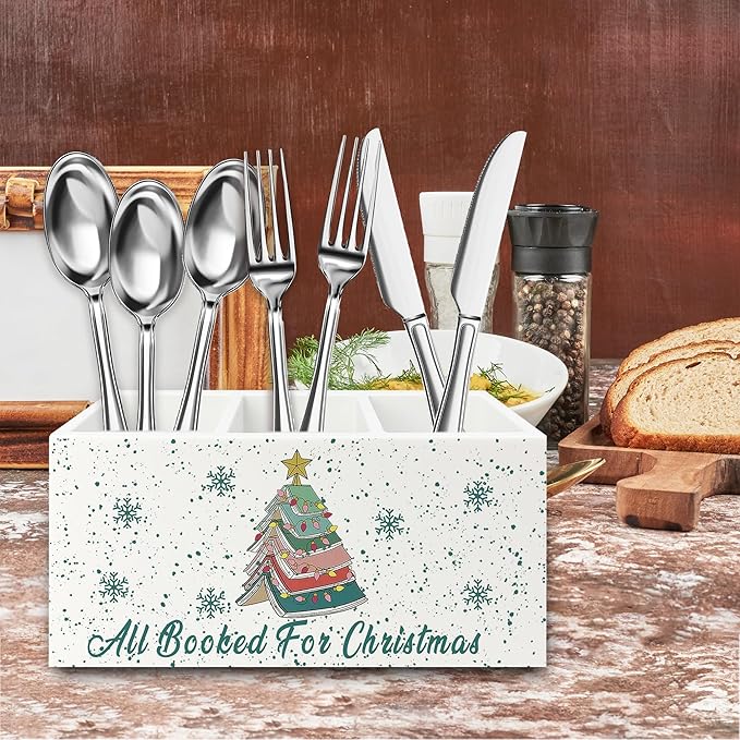 Christmas Book Tree Pen Pencil Holder Organizer for Desk, All Booked for Christmas Wooden Box Signs Decorations for Library Home Office Desk Tabletop, Book Lover Gifts