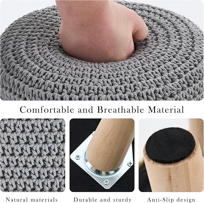 Cotton Knitted Ottoman Round Footstool Vanity Stool Modern Ottoman Footrest Stool with Non-Skid Wood Legs for Living Room Bedroom Grey